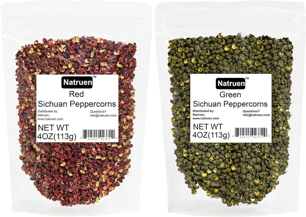 Natruen Szechuan Red + Green Peppercorn Whole 4 Oz Each, Red and Green Sichuan Peppercorns Variety Pack