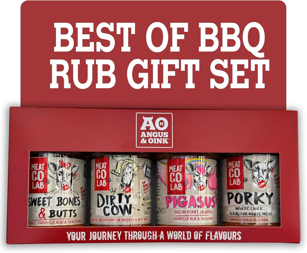 Angus & Oink Gift Set | Best of BBQ Gift Box | BBQ Rubs | 1 x Sweet Bones & Butts 220G | 1 x Dirty Cow Seasoning | 1 x Pigasus | 1 x Porky White Chick 220G