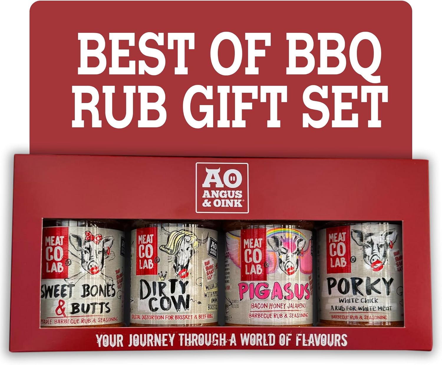 Angus & Oink Gift Set | Best of BBQ Gift Box | BBQ Rubs | 1 x Sweet Bones & Butts 220G | 1 x Dirty Cow Seasoning | 1 x Pigasus | 1 x Porky White Chick 220G
