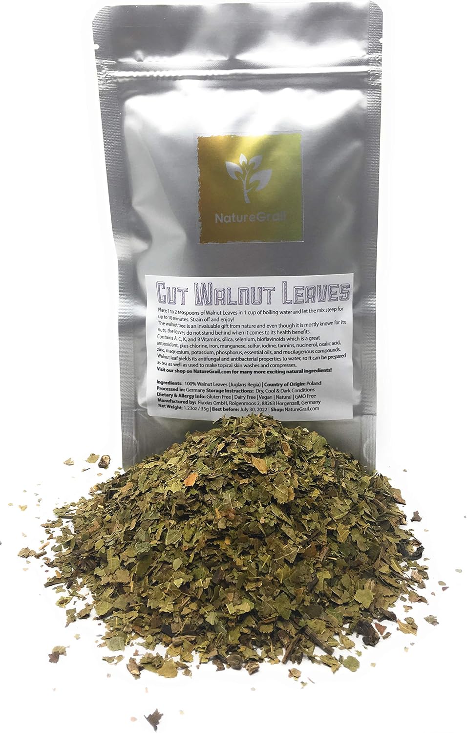 Naturegrail Cut Walnut Leaves - Ingredients: 100% Walnut Leaves (Juglans Regia) - Kosher, Halal, Natural, Ayurveda - Net Weight: 1.23oz / 35g