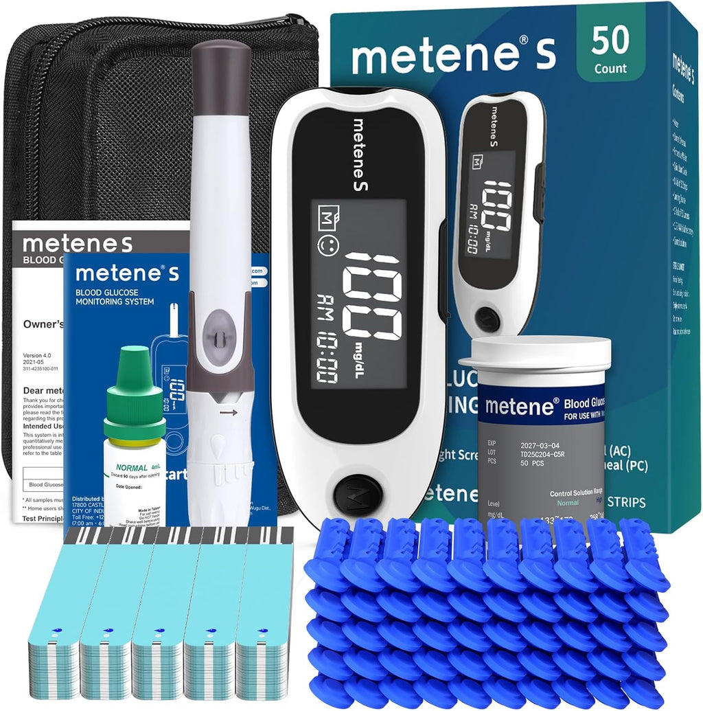 Metene S Blood Glucose Monitor Kit, Blood Sugar Testing Kit With 50 Test Strips & 50 Lancets & Control Solution, No Coding 0.7μl Blood, 7s Fast Reading, 150 Data Storage, Diabetes Testing Kit