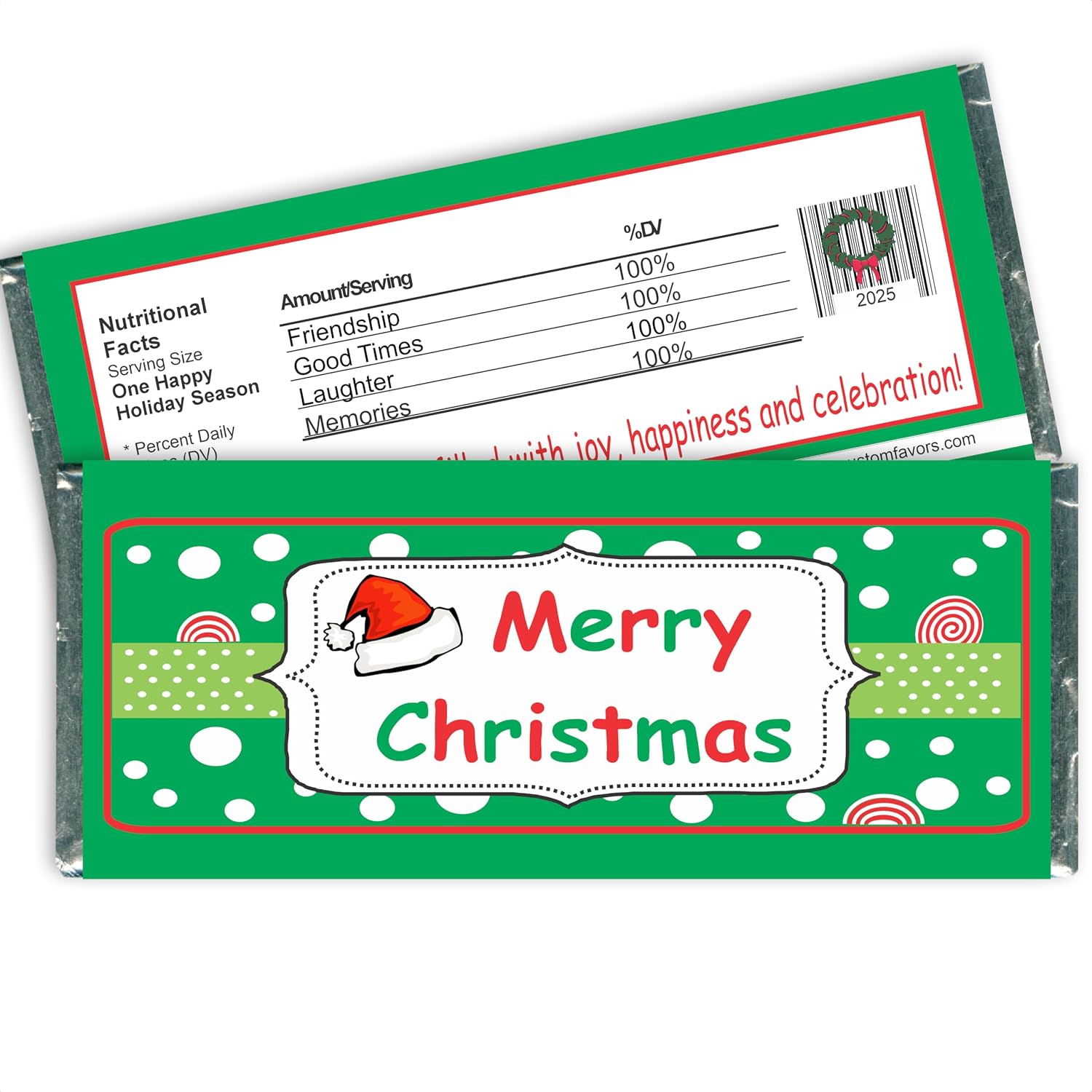 Merry Christmas Holiday Candy Bar Wrappers, Fits a Milk Chocolate Bar (Set of 12)(W736)