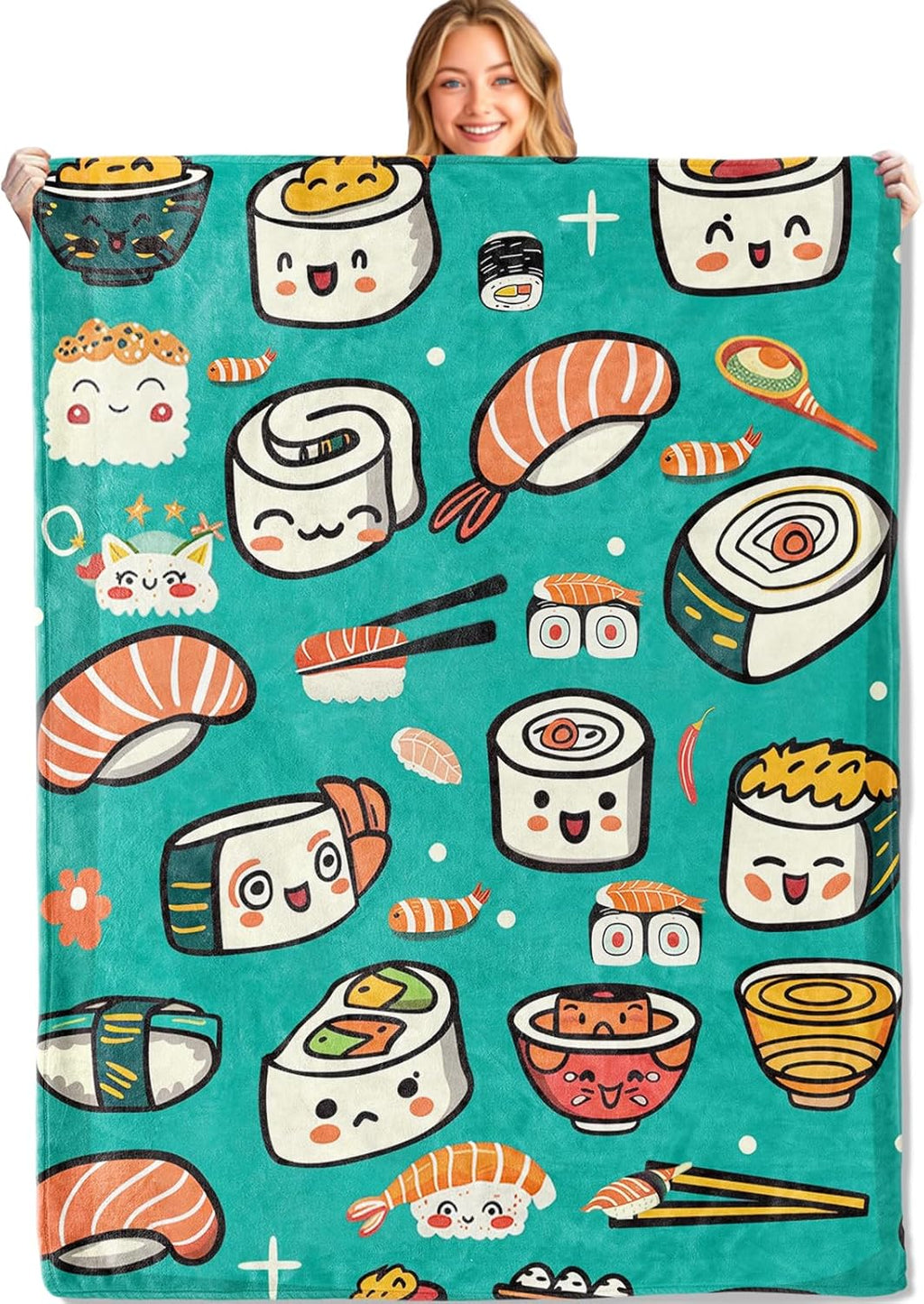 Cute Sushi and Ramen Throw Blanket,40x50in,Soft,Lightweight Flannel,Japanese Food Blankets - Gifts for Kids,for Couch Office Travel,Home Living Room Bed Decor