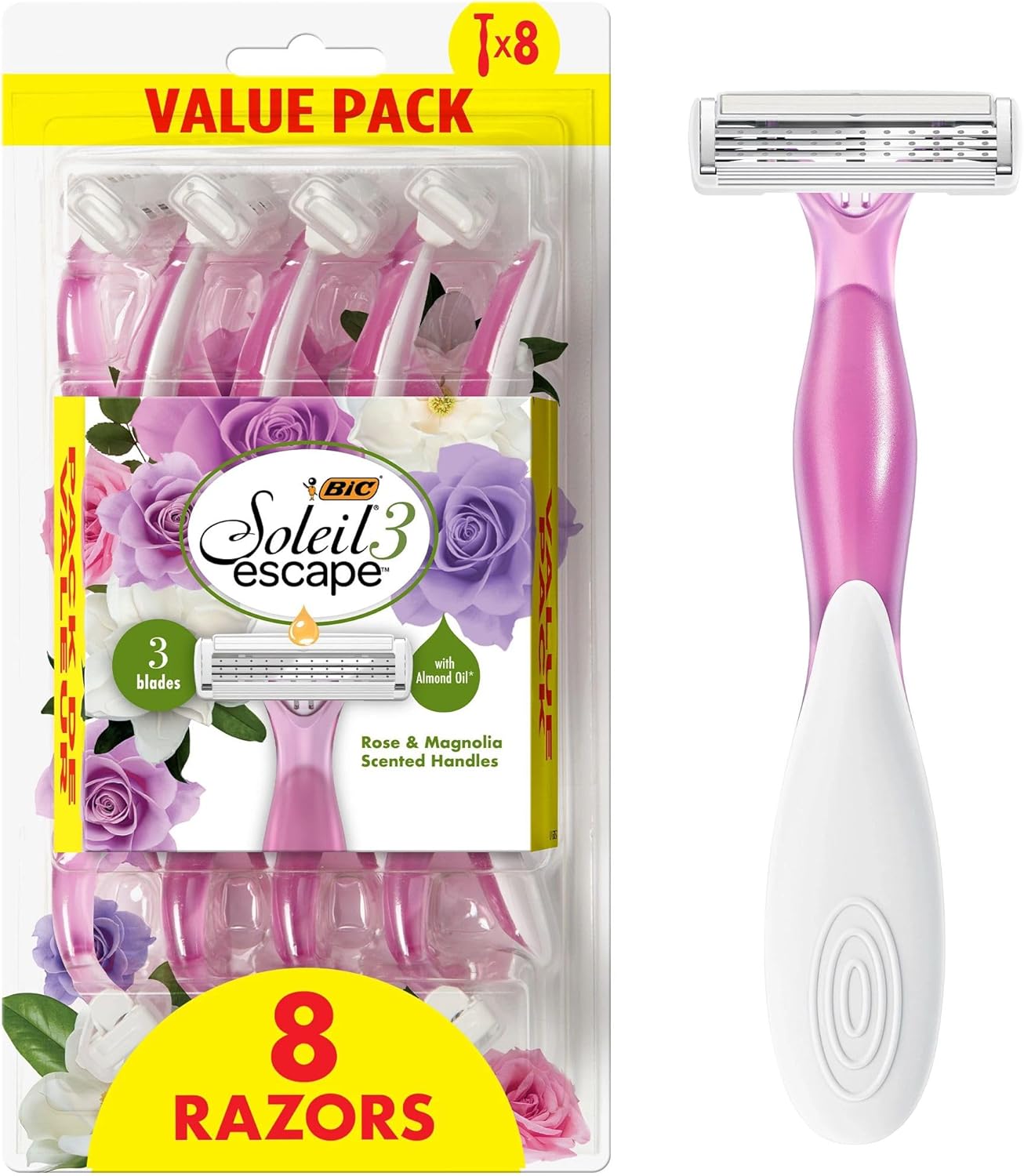 BIC Soleil 3 Escape Scented Women's Disposable Razors, 3 Blades, Comfortable Shave, Rose and Magnolia Scented Handle Shaving Razors for Women, 8 Count