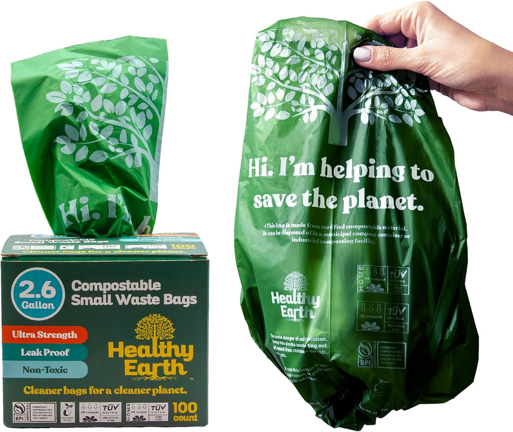 Healthy Earth 2.6 Gallon Compostable Trash Bags – 100 Count Small Trash & Kitchen Compost Bags for Countertop Bins, Extra Thick Plant-Based Food Scrap Liners, BPI & TÜV Certified ASTM D6400