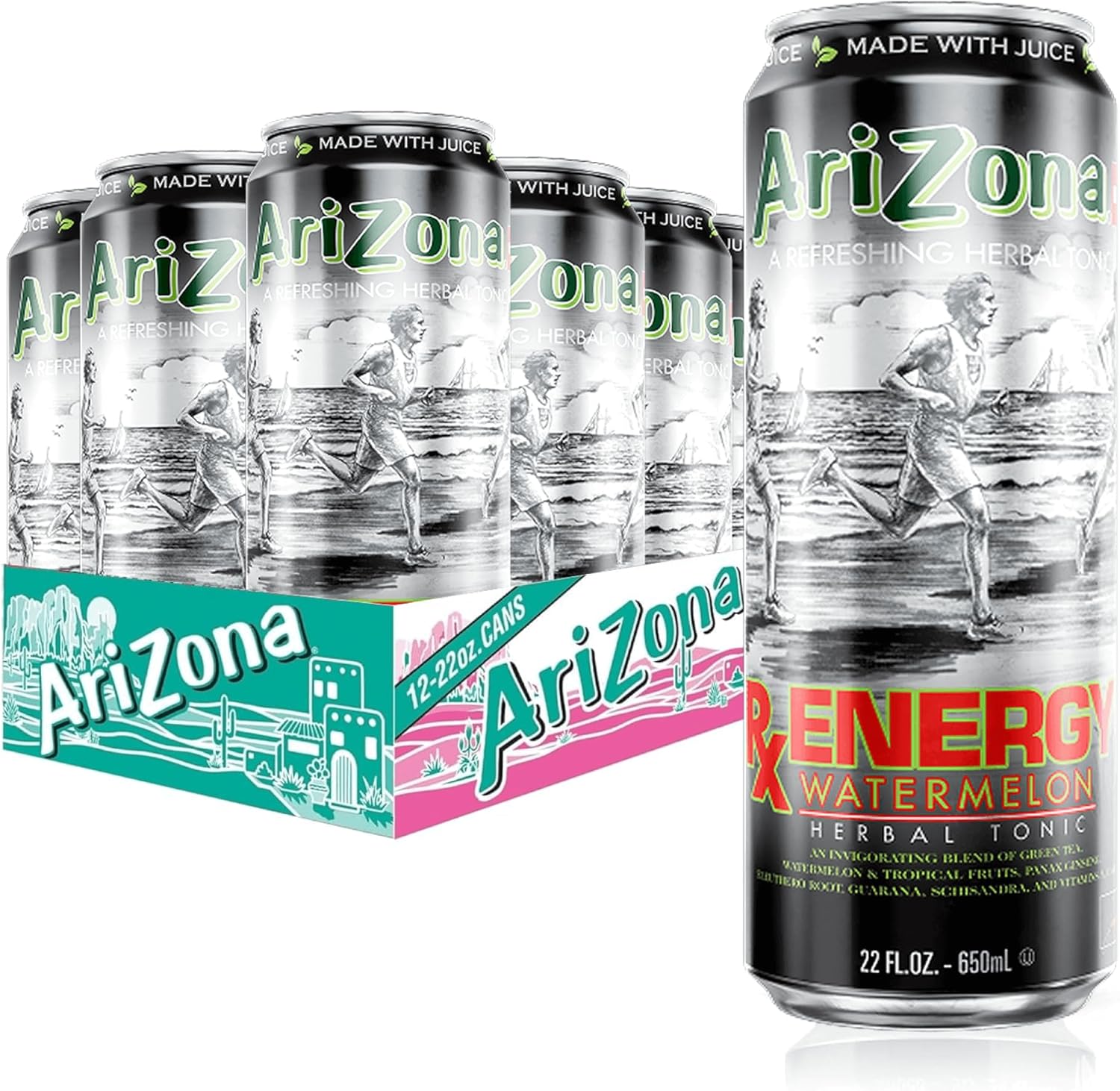 AriZona Rx Energy Watermelon, Herbal Tonic Drink with Green Tea and Citrus, 130mg Caffeine per Container - Big Can, 22 Fl Oz (Pack of 12)