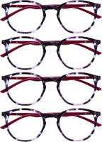 OPULIZE MET Reading Glasses for Women Men, Slim Round Frame with Spring Hinges and Scratch Resistant, Purple +2 (Pack of 4)