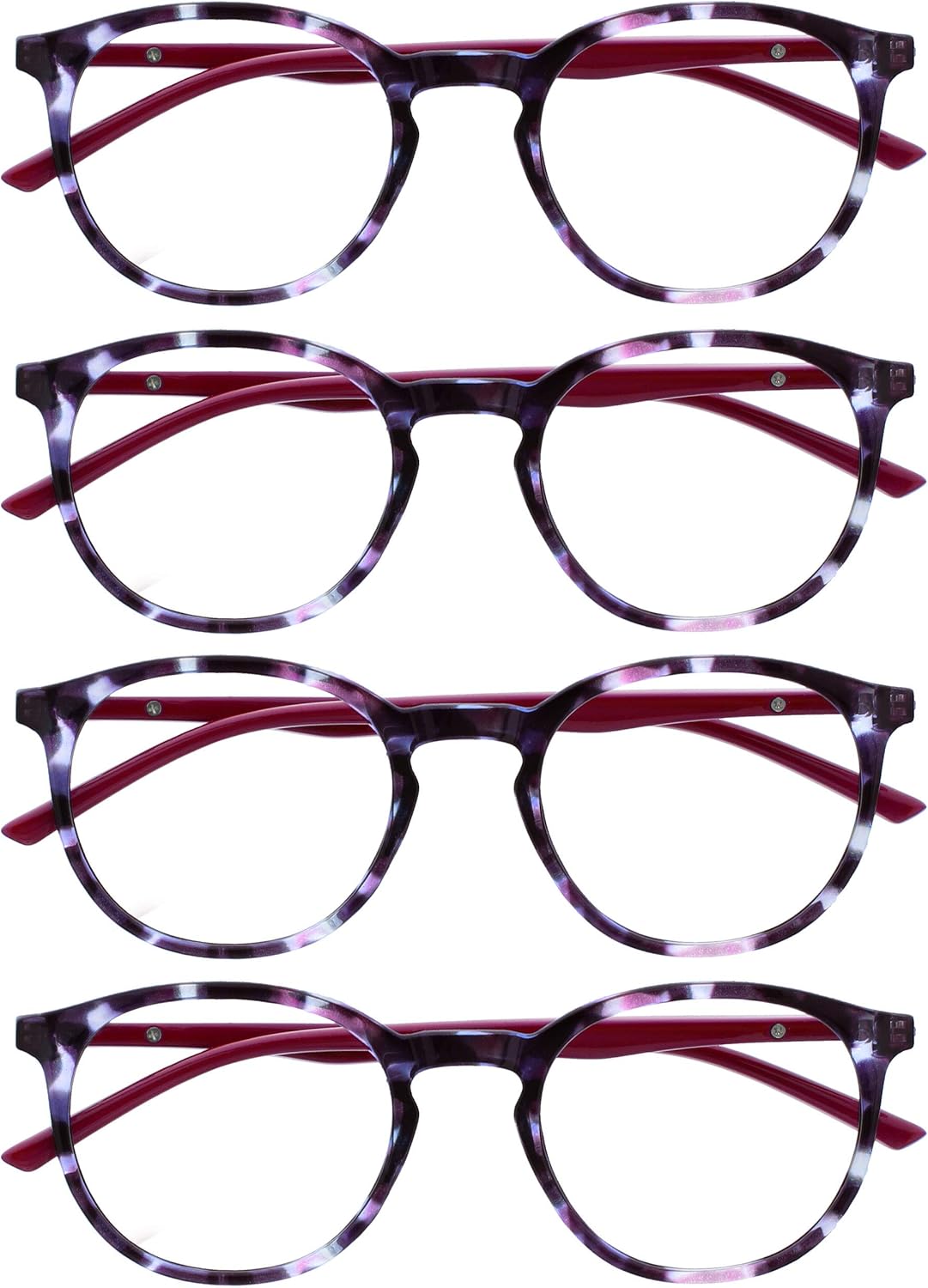 OPULIZE MET Reading Glasses for Women Men, Slim Round Frame with Spring Hinges and Scratch Resistant, Purple +2 (Pack of 4)