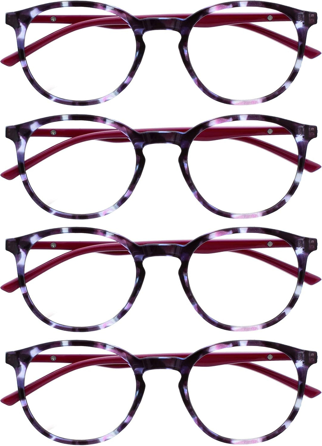 OPULIZE MET Reading Glasses for Women Men, Slim Round Frame with Spring Hinges and Scratch Resistant, Purple +3 (Pack of 4)