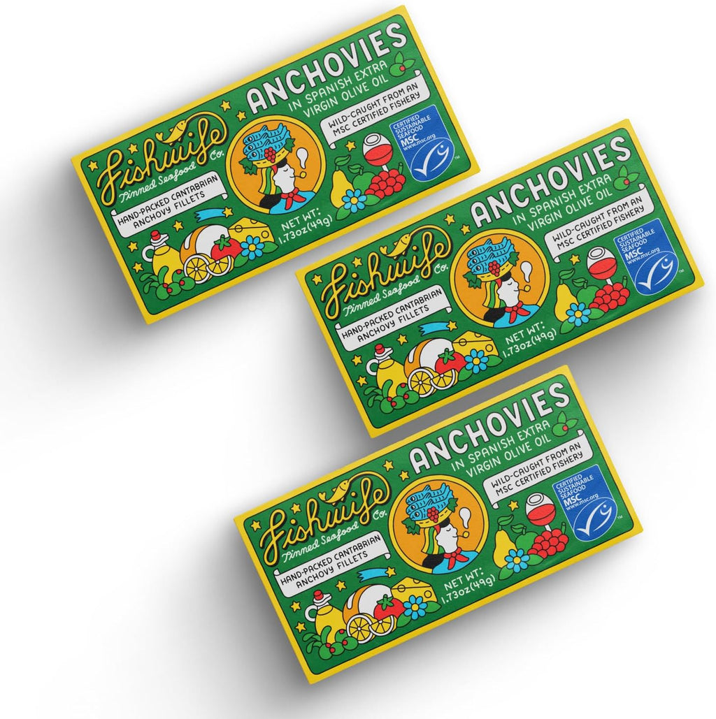 Fishwife Cantabrian Anchovies 3-Pack (1.73 Ounce) | Wild-Caught & Hand-Packed with Spanish Extra Virgin Olive Oil | MSC-Certified Sustainable Seafood, High Protein, Gluten Free, Paleo Friendly, Omega-3s