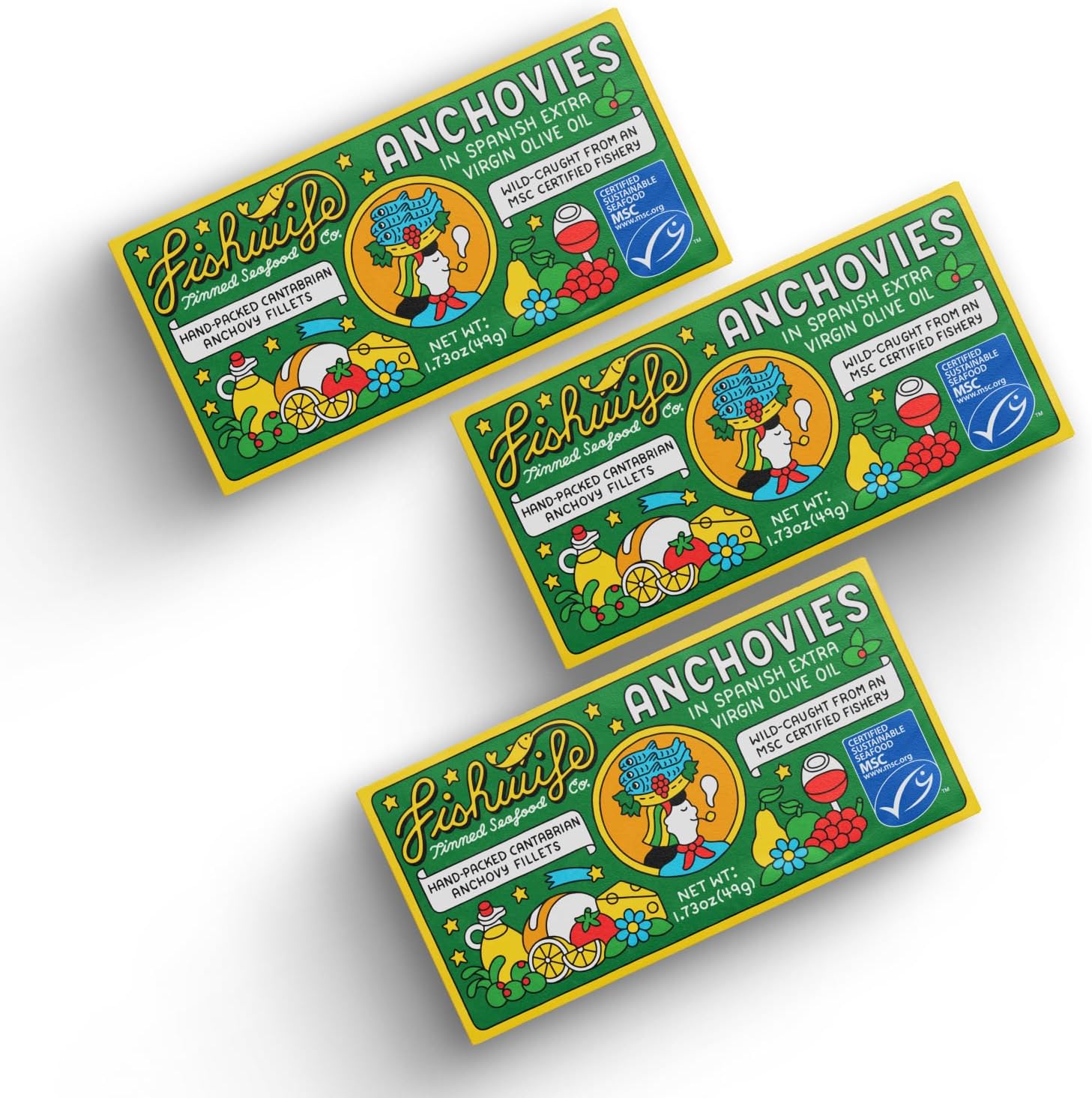 Fishwife Cantabrian Anchovies 3-Pack (1.73 Ounce) | Wild-Caught & Hand-Packed with Spanish Extra Virgin Olive Oil | MSC-Certified Sustainable Seafood, High Protein, Gluten Free, Paleo Friendly, Omega-3s