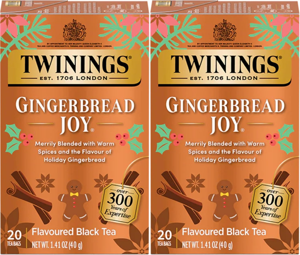 Twinings Gingerbread Joy Holiday Tea, Black Tea Naturally Flavored with Cinnamon and Ginger, Tea Bags Individually Wrapped, 20 Count Ea (Pack of 2)
