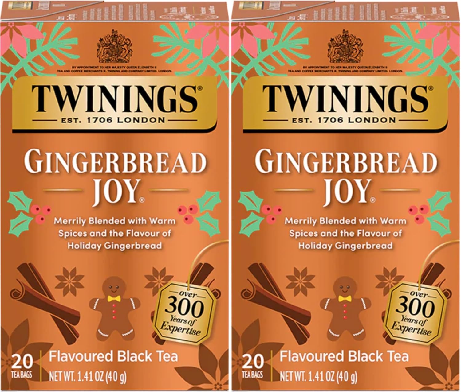 Twinings Gingerbread Joy Holiday Tea, Black Tea Naturally Flavored with Cinnamon and Ginger, Tea Bags Individually Wrapped, 20 Count Ea (Pack of 2)