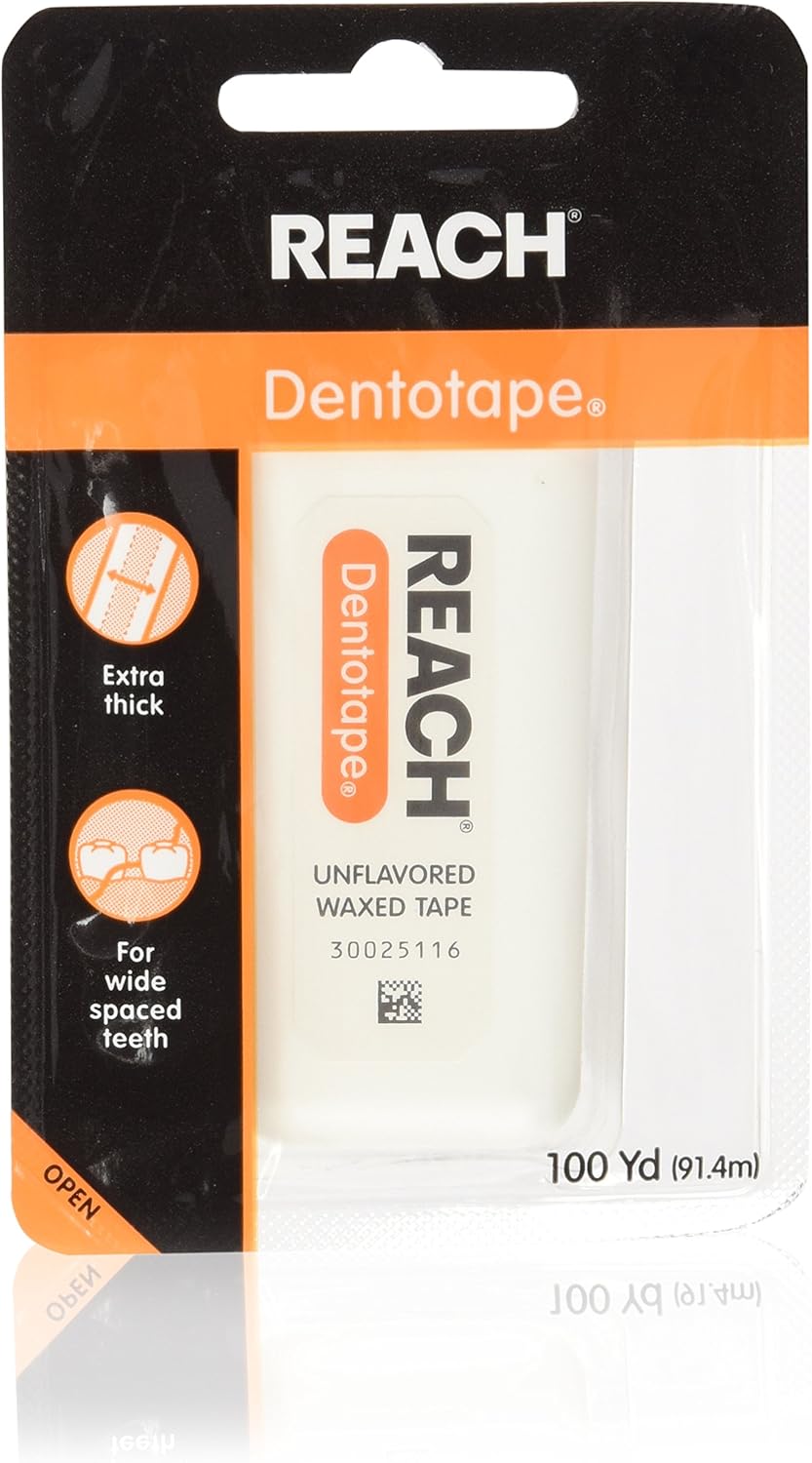 Reach Dentotape Waxed Dental Floss with Extra Wide Cleaning Surface for Large Spaces between Teeth, Unflavored, 100 Yards (Pack of 4)