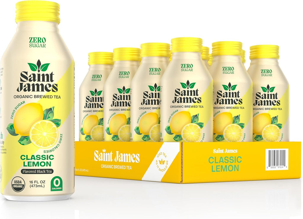 Saint James Iced Tea - Organic Black Tea - Non-GMO, Gluten Free, Zero Calorie, Zero Sugar - Classic Lemon, 12 Pack (16 fl oz each)