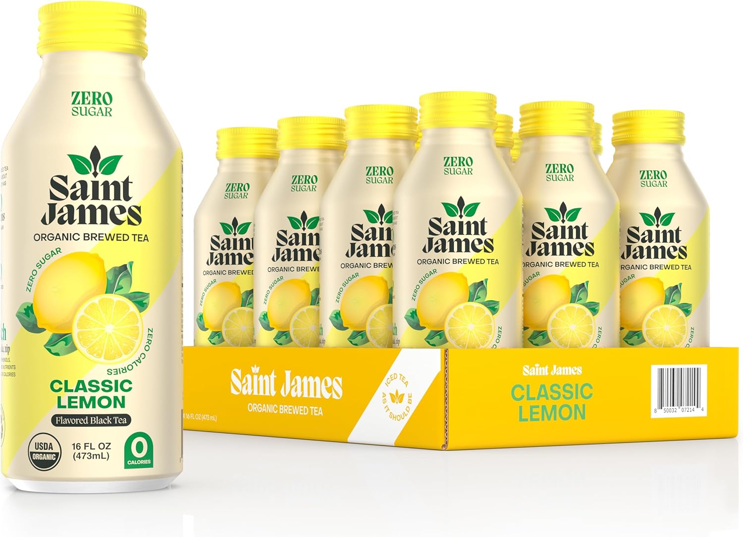 Saint James Iced Tea - Organic Black Tea - Non-GMO, Gluten Free, Zero Calorie, Zero Sugar - Classic Lemon, 12 Pack (16 fl oz each)