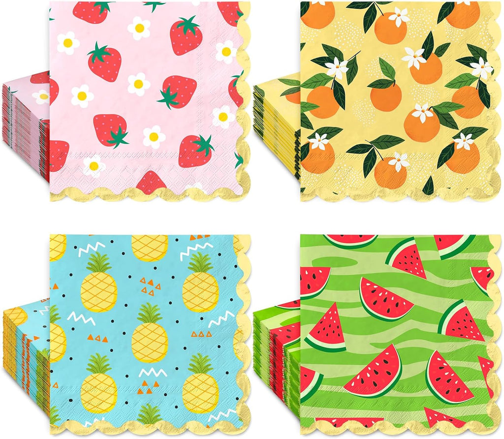 FYSUIMU 100 Pcs Fruit Foil Scalloped Napkin Strawberry Pineapple Paper Luncheon Napkin Disposable Dinner Dessert Napkin for Summer Baby Shower Birthday Party Supplies