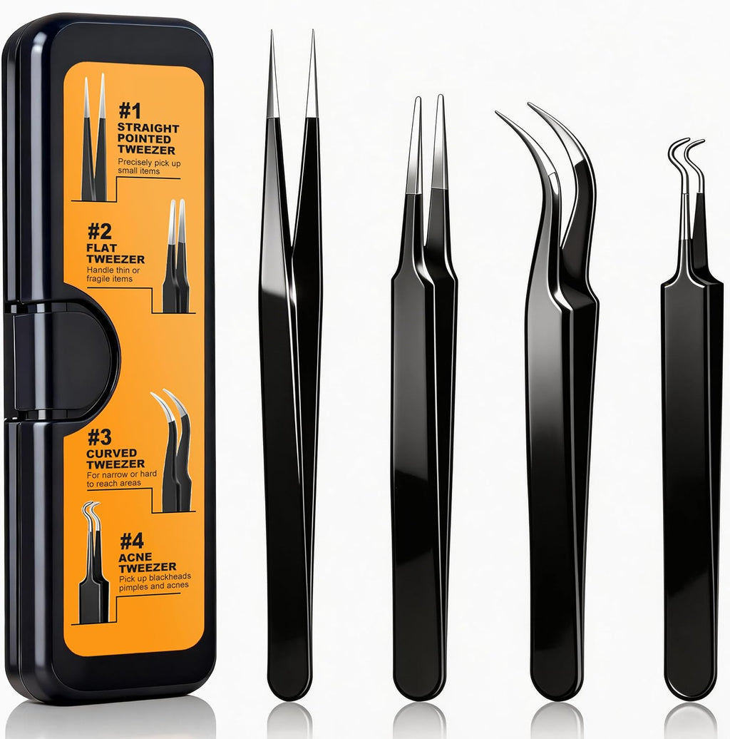 G.CATACC 4-Pack Precision Tweezers Set, Curved and Pointed Tweezer Kit for Craft, Eyelash Extension, Blackheads, Facial Hair, Ingrown Hair Removal, Electronics, Soldering, Jewelry - with Case