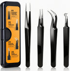 G.CATACC 4-Pack Precision Tweezers Set, Curved and Pointed Tweezer Kit for Craft, Eyelash Extension, Blackheads, Facial Hair, Ingrown Hair Removal, Electronics, Soldering, Jewelry - with Case