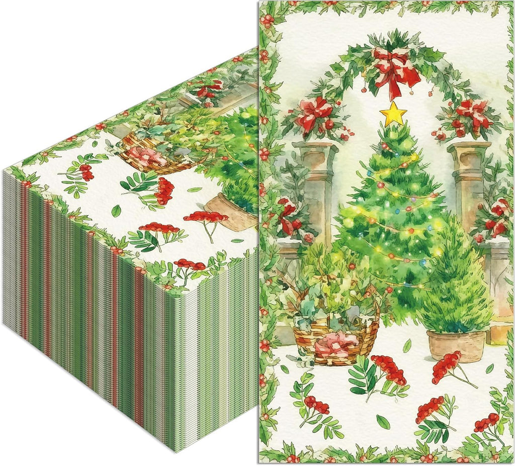 40Pcs Christmas Guest Napkins, Christmas Tree Disposable Hand Towels, Festive Xmas Tree Design Paper Towels with Holly & Red Bows, Xmas Party Decorative for Bathroom, Holiday Kitchen Dining Table