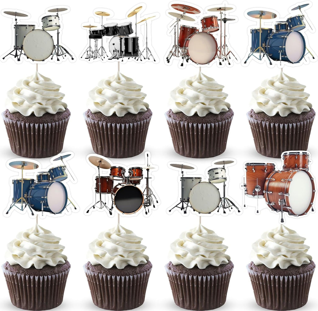 24Pcs Drum Theme Cupcake Toppers, Drum Set Rock N Roll Musical Cupcake Picks Favors Decor, Drummer Birthday Baby Shower Pop Music Party Decorations Supplies