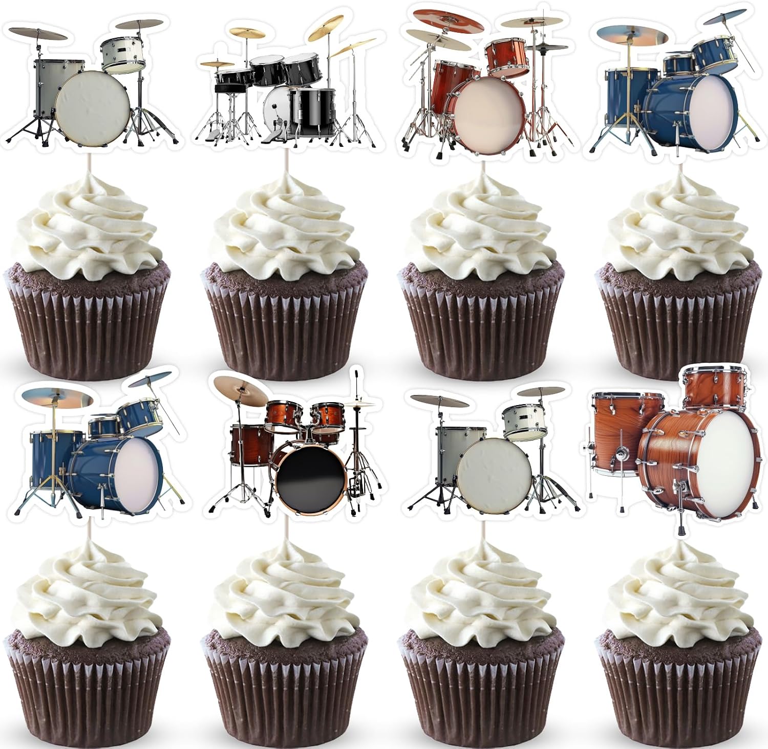 24Pcs Drum Theme Cupcake Toppers, Drum Set Rock N Roll Musical Cupcake Picks Favors Decor, Drummer Birthday Baby Shower Pop Music Party Decorations Supplies