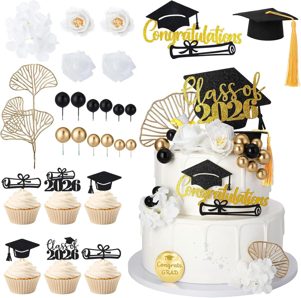 36 Pcs Graduation Cake Topper Graduation Cap Cake Toppers Class Of 2026 with Diploma Flowers Balls for Graduation Party Decor