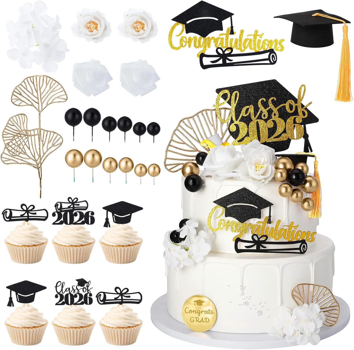 36 Pcs Graduation Cake Topper Graduation Cap Cake Toppers Class Of 2026 with Diploma Flowers Balls for Graduation Party Decor