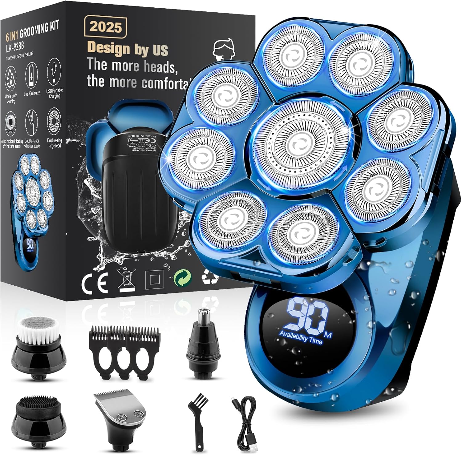 9D Electric Head Shaver for Bald Men, Upgraded 5-in-1 Waterproof Wet/Dry Grooming Kit Electric Shaver for Men, Cordless Rechargeable Bald Head Razor for Home&Travel