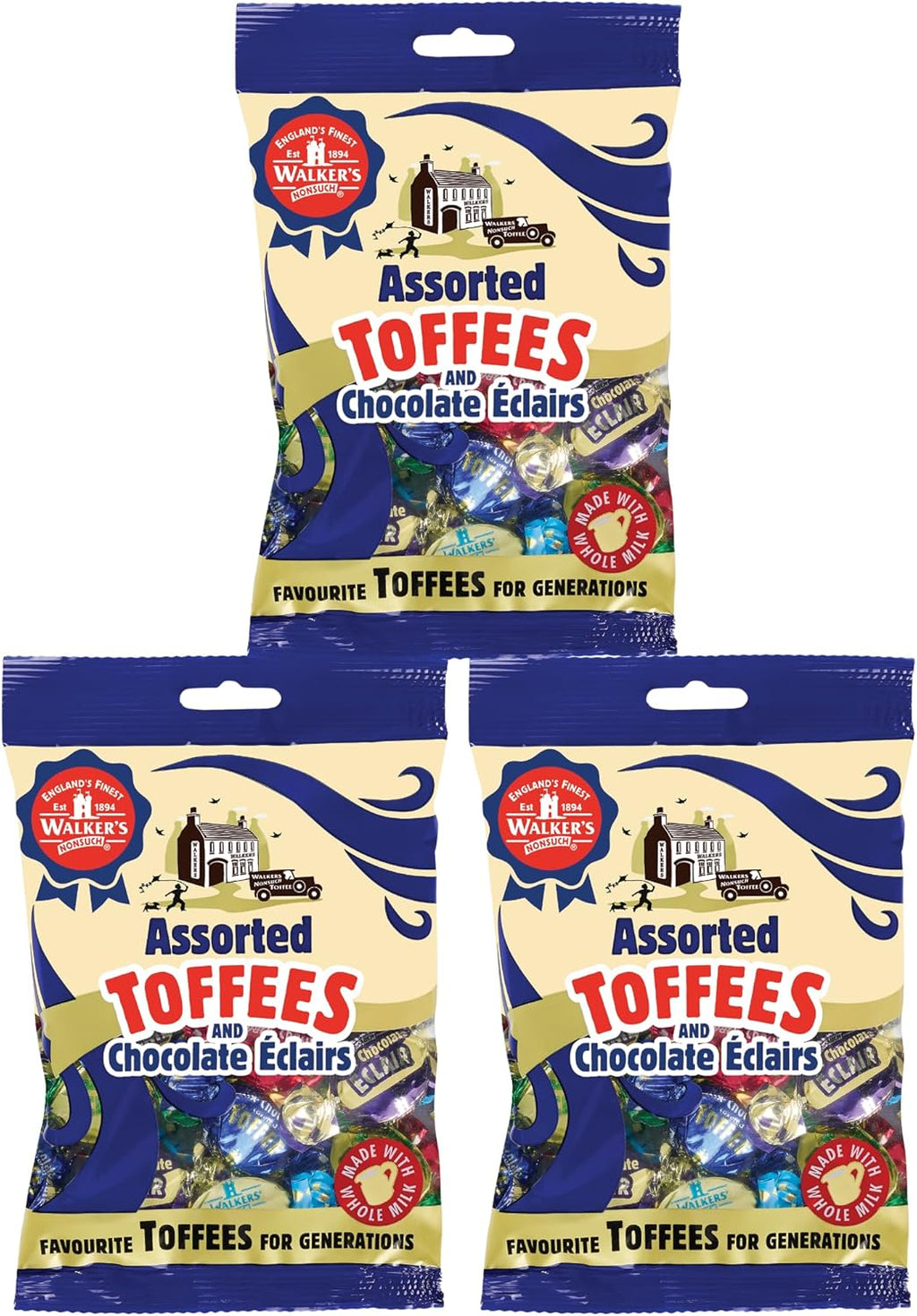 Walkers' Nonsuch Assorted English Toffees & Chocolate Éclairs – British Candy Mix with English Creamy Toffee, Milk & Dark Chocolate Covered, Banana Split & Eclairs – 5.29 Oz (Pack of 3)