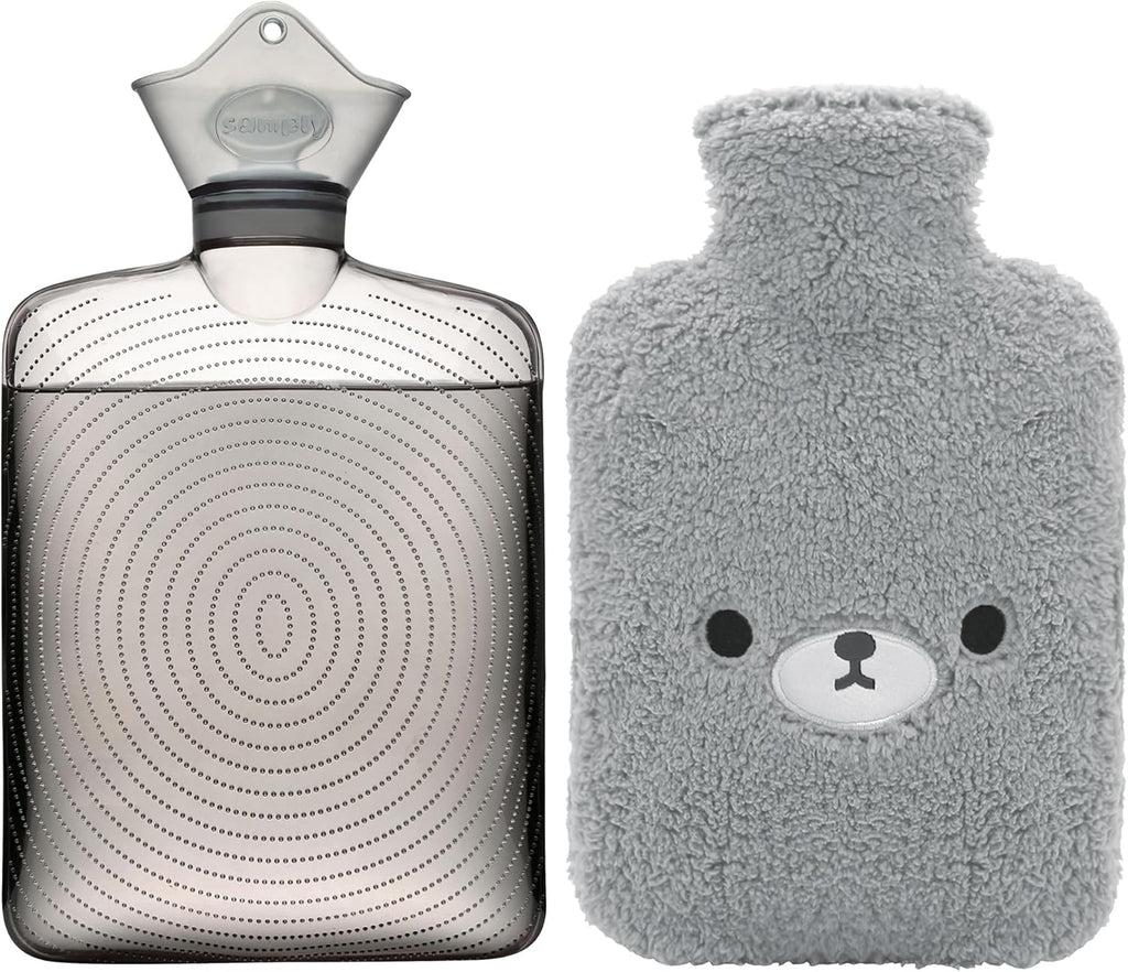 samply Hot Water Bottle with Cute Fleece Cover, Hot Water Bag for Hot and Cold Compress, Hand Feet Warmer, Neck and Shoulder Pain Relief, Grey Bear