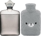 samply Hot Water Bottle with Cute Fleece Cover, Hot Water Bag for Hot and Cold Compress, Hand Feet Warmer, Neck and Shoulder Pain Relief, Grey Bear