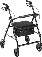 Drive Medical Aluminum Rollator Walker - Fold Up & Removable Back Support - Padded Seat - 6 Inch Wheels - Lightweight Portable Design - Indoor Outdoor Mobility Aid - Black