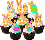 Cute Easter Bunny Edible Cupcake Toppers – Stand Up Wafer Cake Decorations for Easter Cakes, Cupcakes & Treats – 5cm / 2 Inch Uncut Bunnies with Eggs, Carrots & Flowers (24)