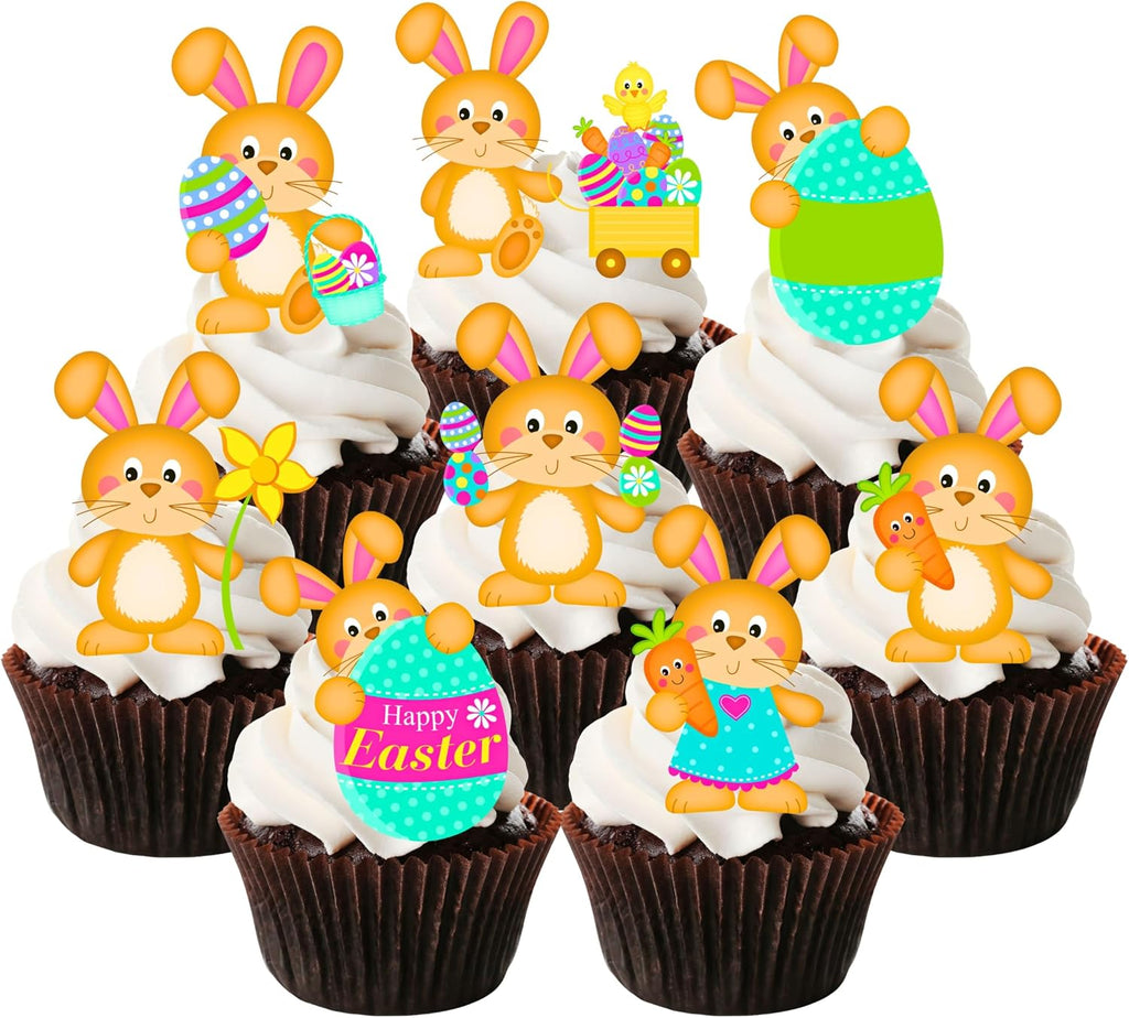 Cute Easter Bunny Edible Cupcake Toppers – Stand Up Wafer Cake Decorations for Easter Cakes, Cupcakes & Treats – 5cm / 2 Inch Uncut Bunnies with Eggs, Carrots & Flowers (12)