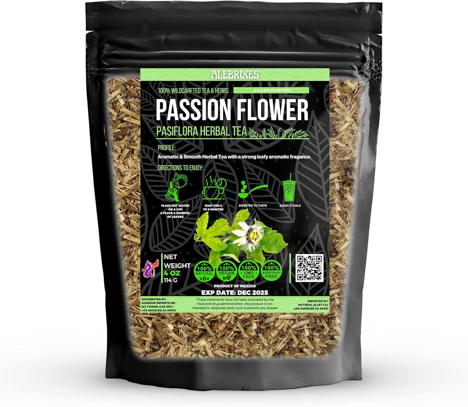 Alebrixes | Passion Flower Herbal Tea (4 oz) | Whole Dried Passionflower Leaf | Te Passiflora - Pasiflora | Relaxation, Focus, Bed Time Tea.