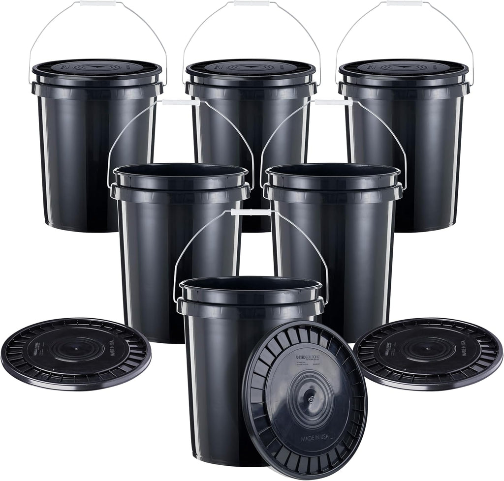 United Solutions 5-Gallon Heavy-Duty Buckets with Snap-On Lids, 6-Pack – BPA-Free, Food-Grade Plastic, Multi-Purpose Storage for Home, DIY, and Job Sites – Black