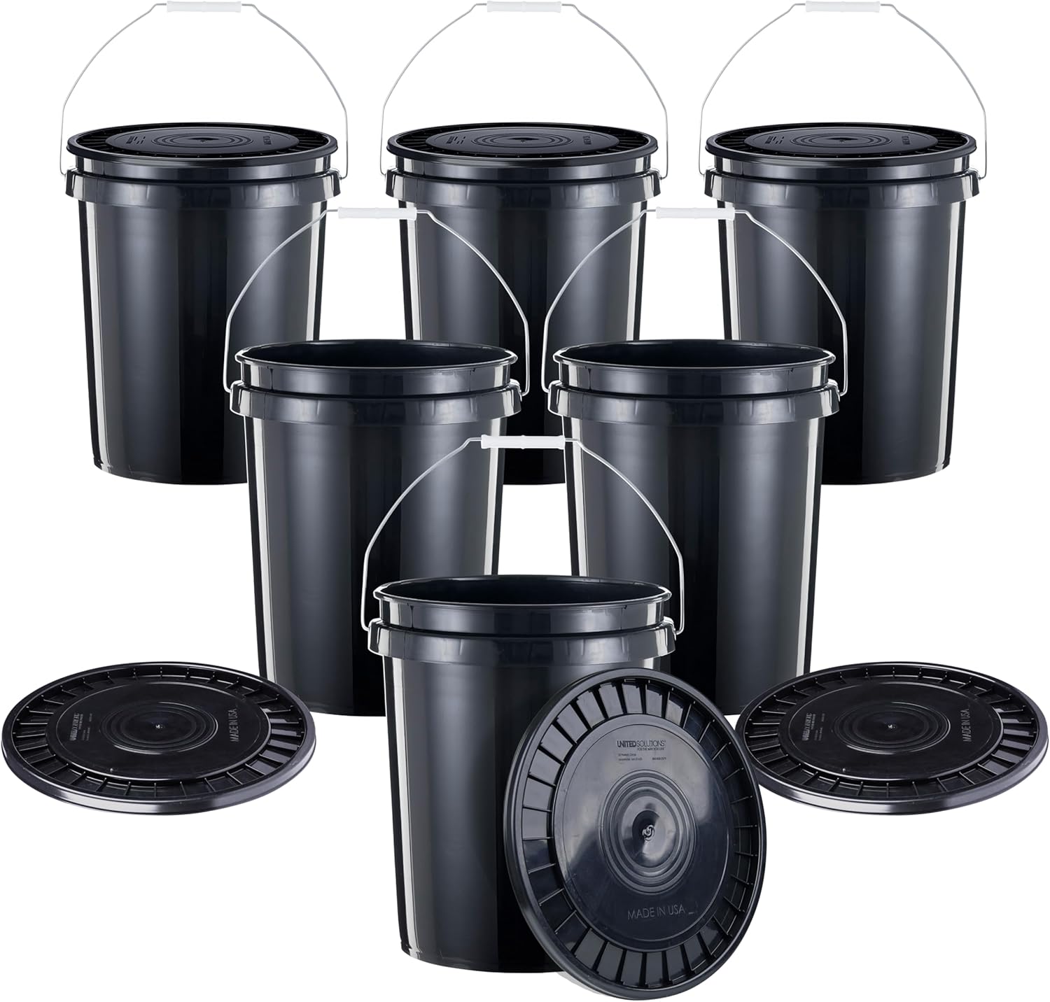 United Solutions 5-Gallon Heavy-Duty Buckets with Snap-On Lids, 6-Pack – BPA-Free, Food-Grade Plastic, Multi-Purpose Storage for Home, DIY, and Job Sites – Black