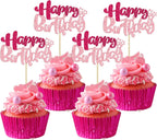 Ephlyn 24Pcs Happy Birthday Cupcake Toppers Double Layer Glitter Happy Birthday Cake Decorations for Celebrating Baby Shower Theme Kids Boys Girls Birthday Anniversary Party Supplies Rose Red Pink