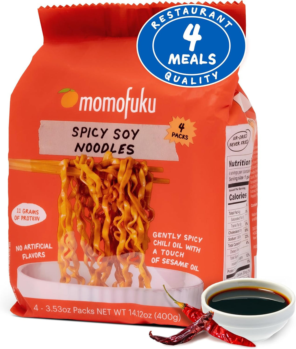 Momofuku Spicy Soy Ramen Noodles by David Chang, 4 Pack of Restaurant Quality Air-Dried Instant Noodles Now with More Sauce & 10g of Protein