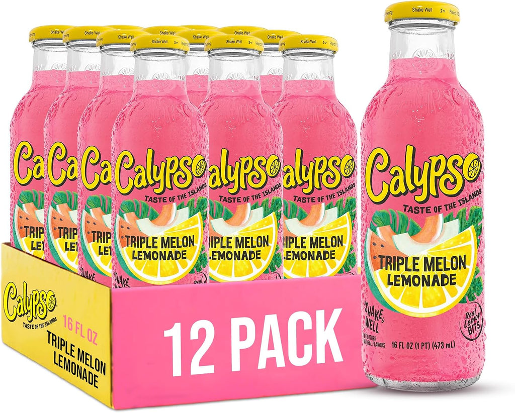 Calypso Lemonade, Triple Melon Lemonade, Made with Real Fruit, 16 Fl Oz Glass Bottles (Pack of 12)
