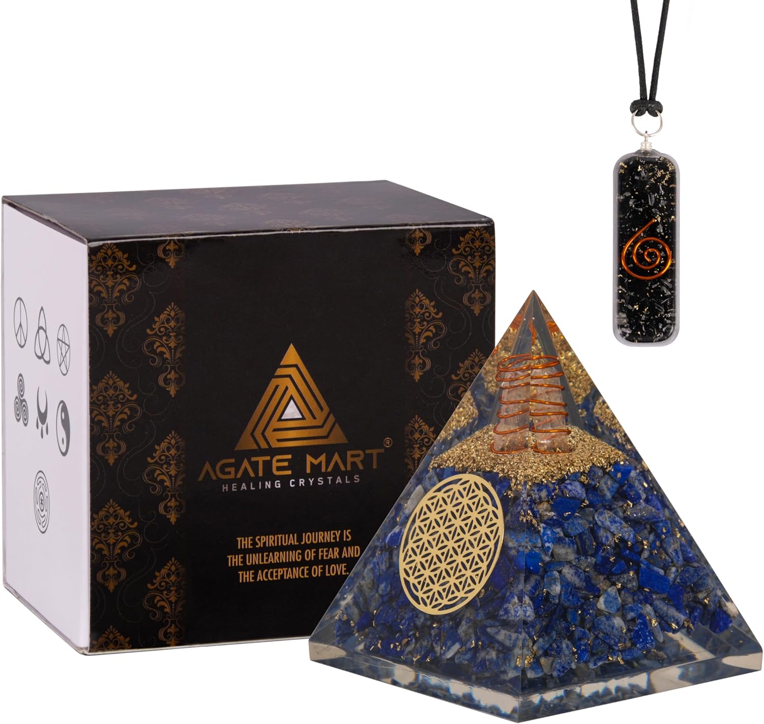 Agate Mart Lapis Lazuli Orgonite Pyramid - Healing Crystals for Success - Elevate Meditation with Orgonite Energy, Includes Black Tourmaline Pendant