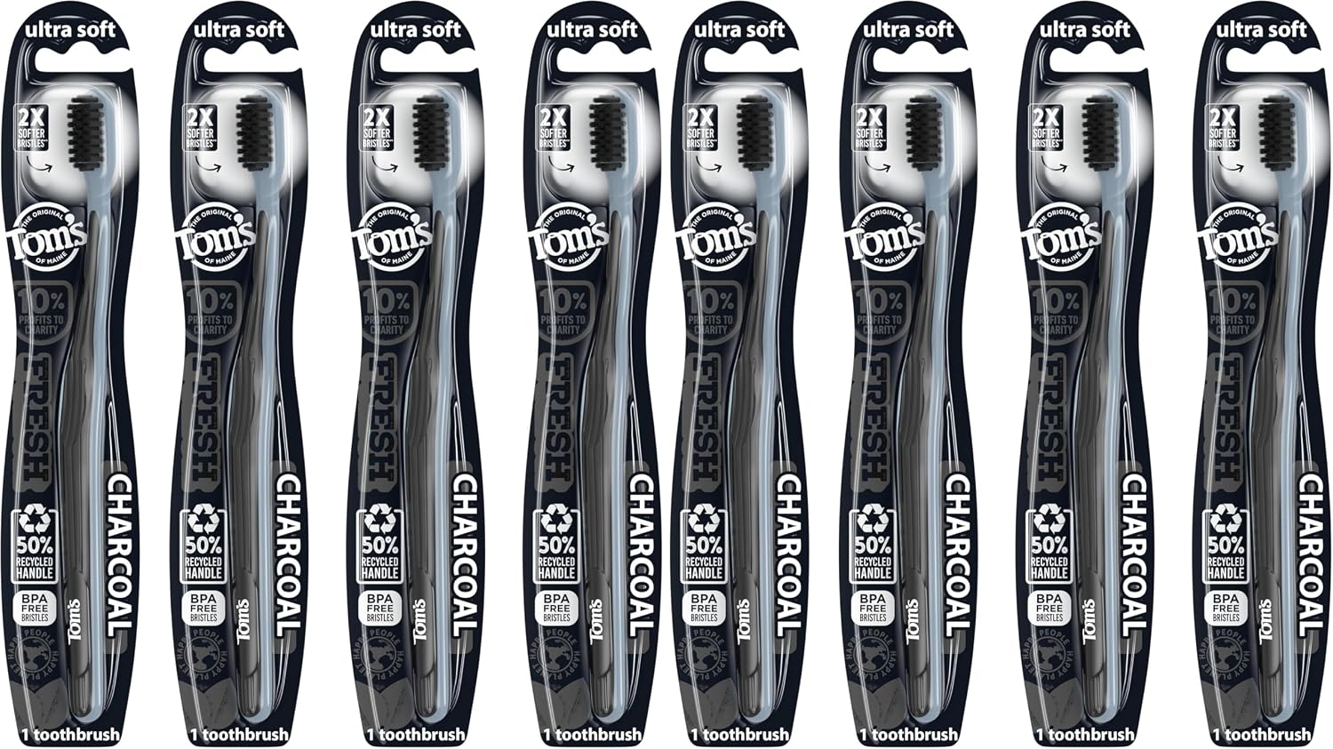 Tom's of Maine Gentle Charcoal Toothbrush, Soft, 8-Pack (Packaging May Vary)