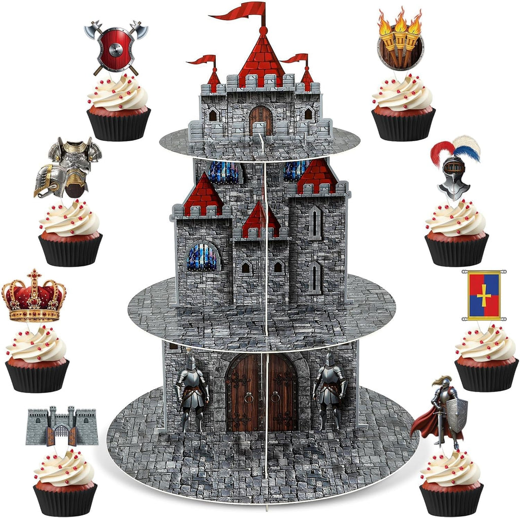 3 Tier Medieval Castle Cupcake Stand Decor with 24 Cake Toppers Knight Birthday Party Decorations Medieval Theme Dessert Cardboard Stand Tower Castle Cupcake Holder for Boys Baby Shower Supplies