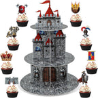 3 Tier Medieval Castle Cupcake Stand Decor with 24 Cake Toppers Knight Birthday Party Decorations Medieval Theme Dessert Cardboard Stand Tower Castle Cupcake Holder for Boys Baby Shower Supplies