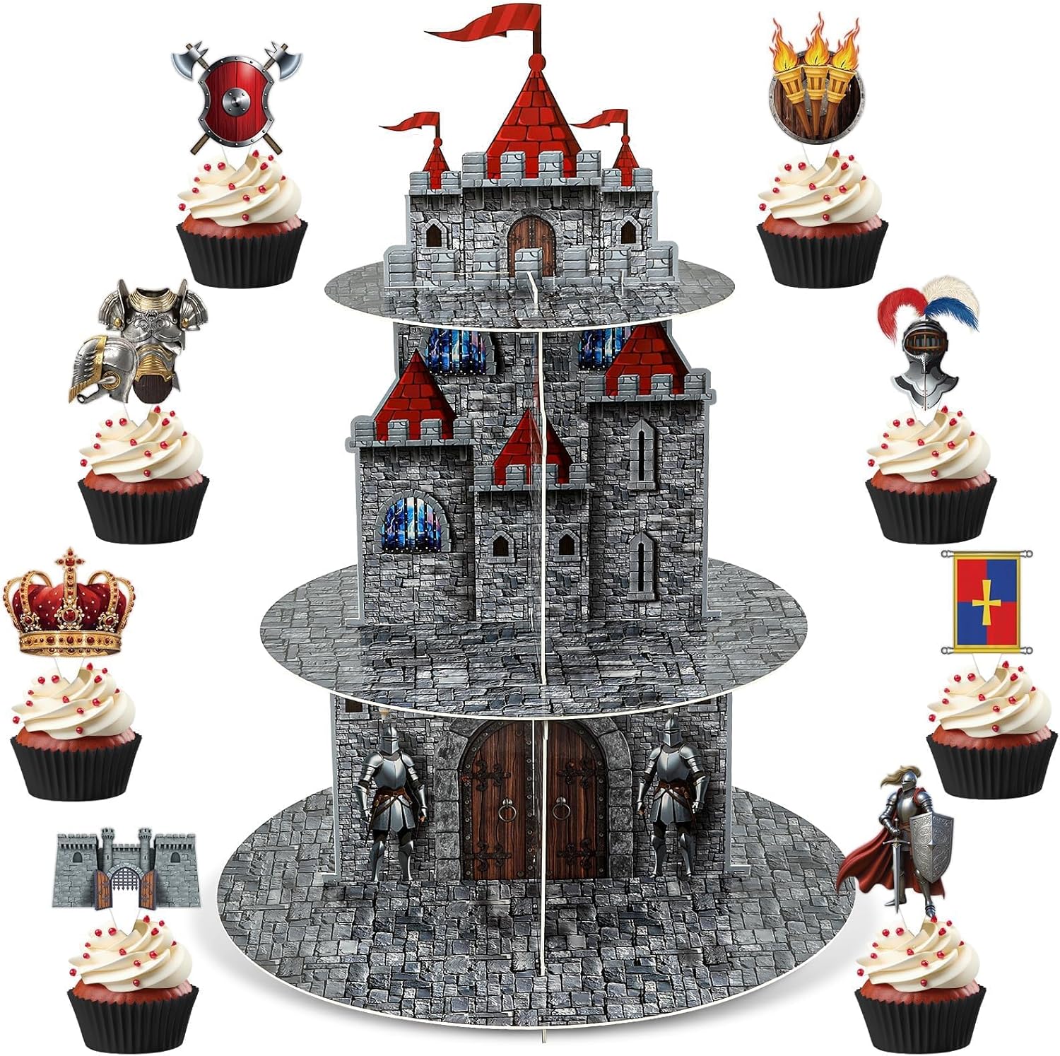 3 Tier Medieval Castle Cupcake Stand Decor with 24 Cake Toppers Knight Birthday Party Decorations Medieval Theme Dessert Cardboard Stand Tower Castle Cupcake Holder for Boys Baby Shower Supplies