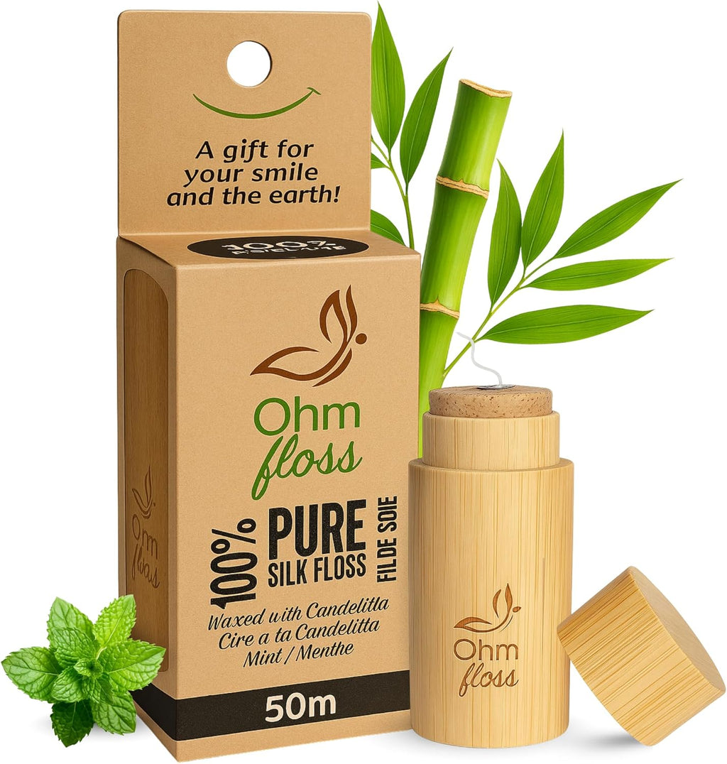 Ohm Earth’s Ohm Floss – Natural Silk Dental Floss with Refillable Bamboo Holder, Naturally Waxed with Candelilla 100% Compostable, 54 yds/50m Spool – Eco-Oral Care, Natural Mint