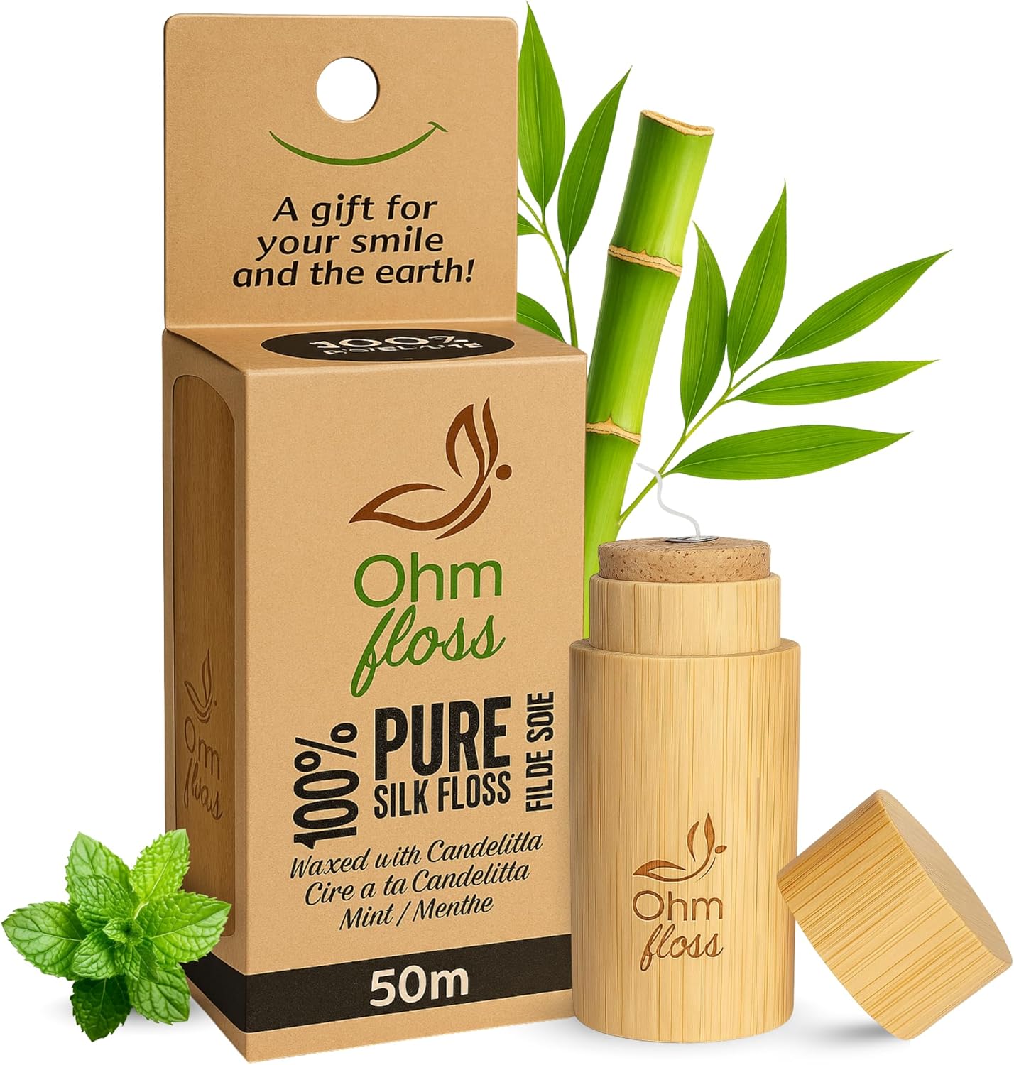 Ohm Earth’s Ohm Floss – Natural Silk Dental Floss with Refillable Bamboo Holder, Naturally Waxed with Candelilla 100% Compostable, 54 yds/50m Spool – Eco-Oral Care, Natural Mint