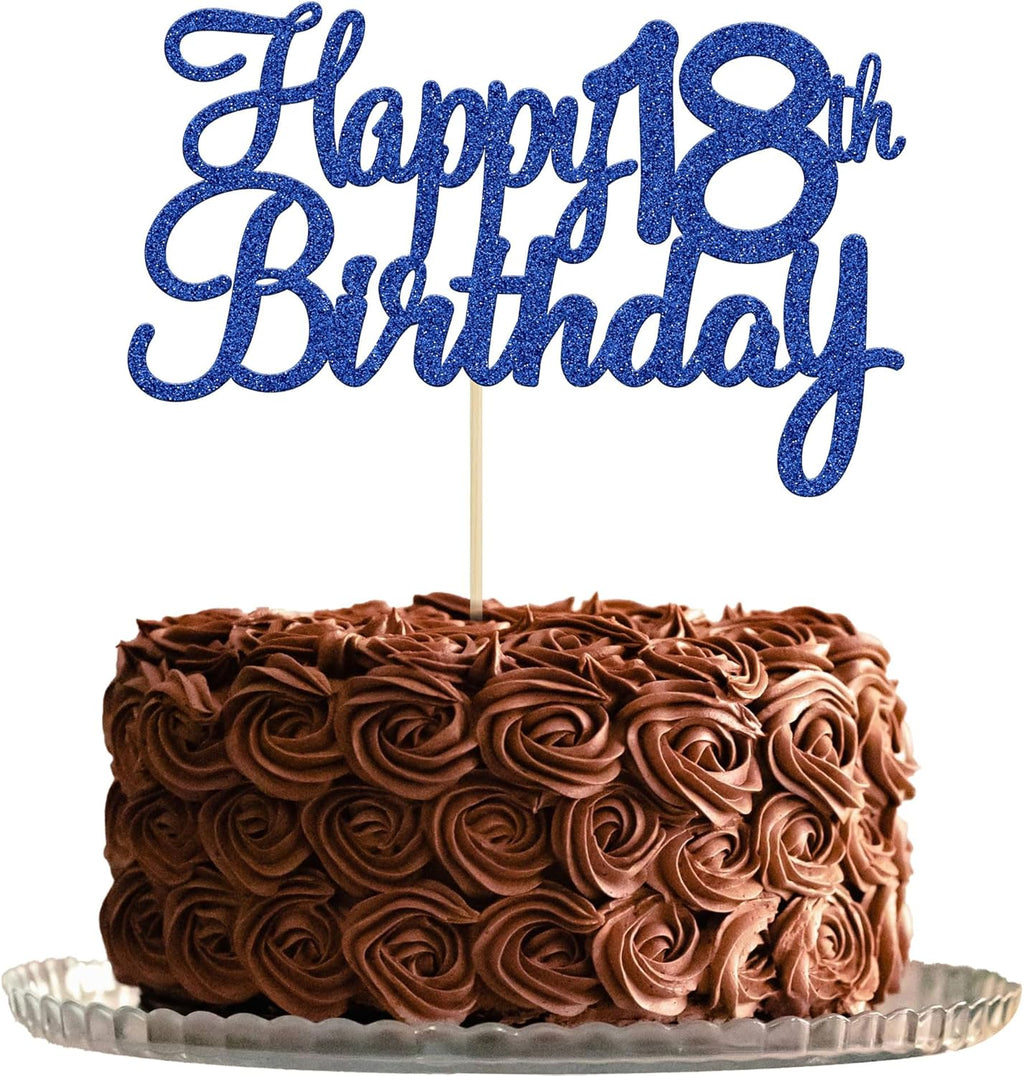Gyufise 1Pc Happy 18th Birthday Cake Topper Blue Glitter 18th Birthday Cake Pick Cheers to 18 Years Old Eighteen Fabulous Cake Decorations for 18th Birthday Wedding Anniversary Party Supplies