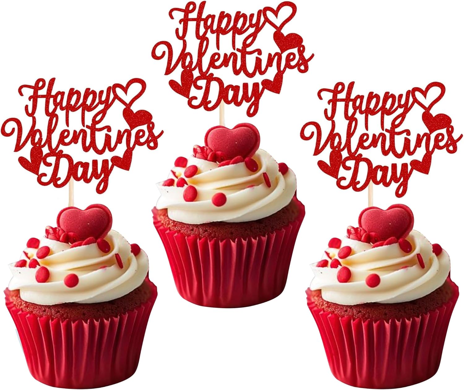 24 Pack Happy Valentine's Day Cupcake Toppers with Heart Glitter Sweet Love Theme Valentine's Day Cupcake Food Picks Valentine's Day Theme Birthday Party Cake Decorations Supplies Red
